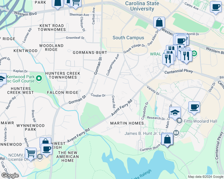 map of restaurants, bars, coffee shops, grocery stores, and more near 1630 Crest Road in Raleigh