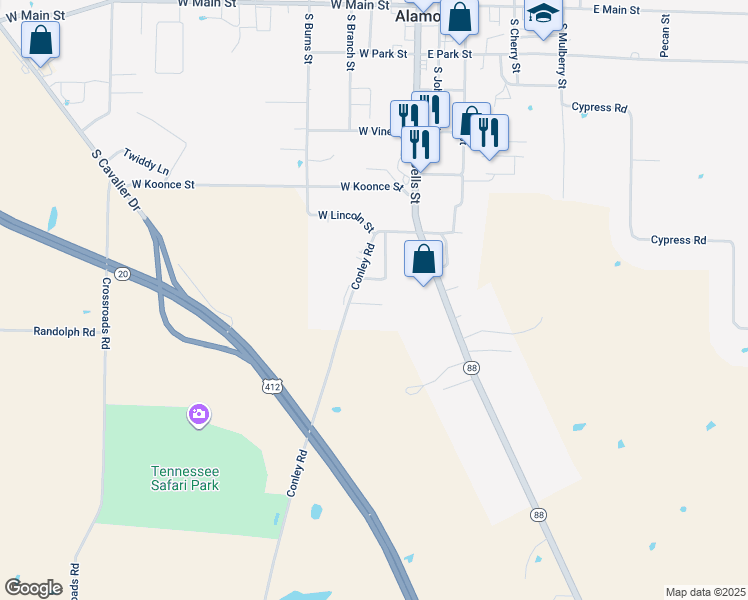 map of restaurants, bars, coffee shops, grocery stores, and more near 31 Forrest Street in Alamo