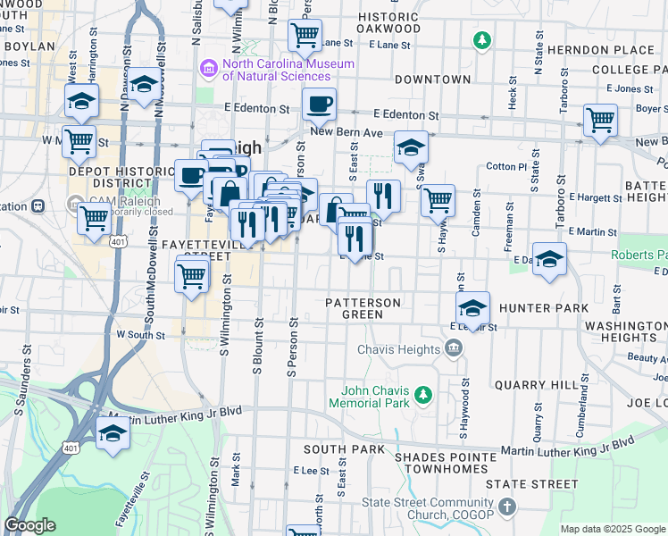 map of restaurants, bars, coffee shops, grocery stores, and more near 401 South Bloodworth Street in Raleigh