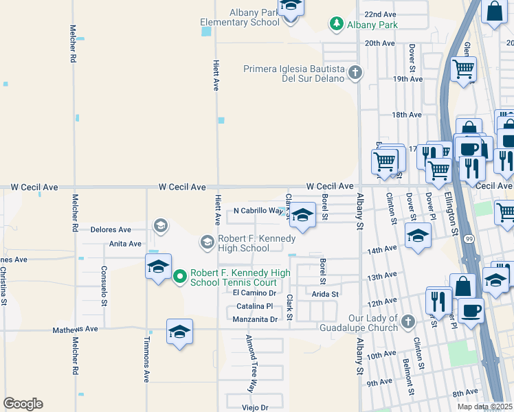 map of restaurants, bars, coffee shops, grocery stores, and more near 341 North Cabrillo Way in Delano