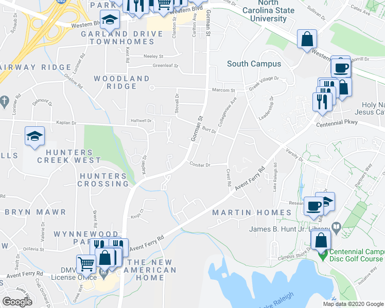map of restaurants, bars, coffee shops, grocery stores, and more near 1725 Gorman Street in Raleigh