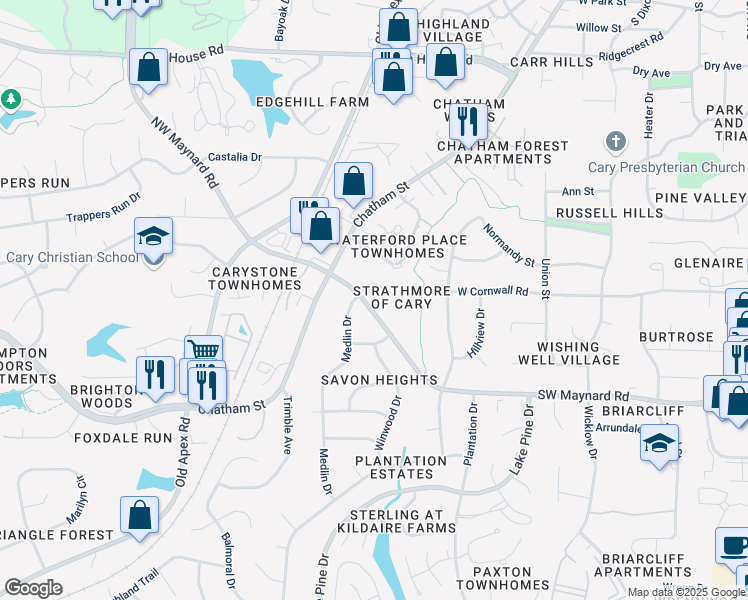 map of restaurants, bars, coffee shops, grocery stores, and more near 112 Greengate Court in Cary