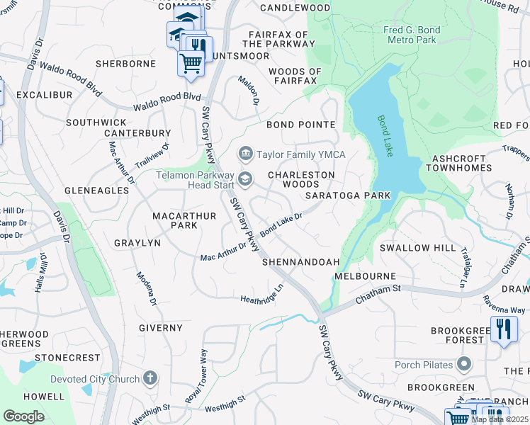 map of restaurants, bars, coffee shops, grocery stores, and more near 103 Sable Court in Cary