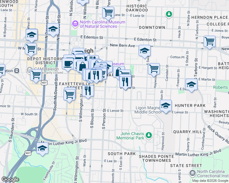 map of restaurants, bars, coffee shops, grocery stores, and more near 310 East Davie Street in Raleigh