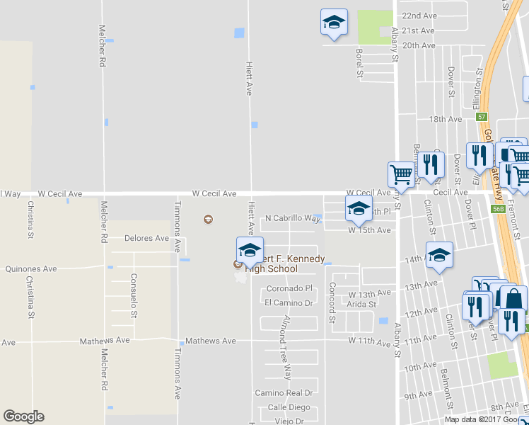 map of restaurants, bars, coffee shops, grocery stores, and more near 433 North Cabrillo Way in Delano