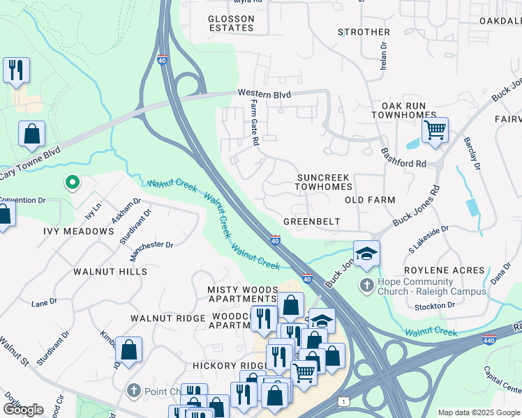 map of restaurants, bars, coffee shops, grocery stores, and more near 6131 Summer Pointe Place in Raleigh