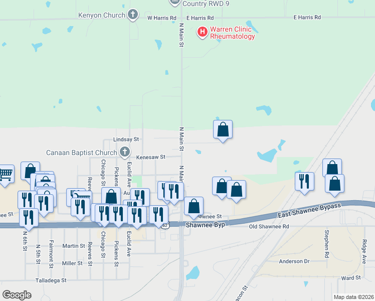 map of restaurants, bars, coffee shops, grocery stores, and more near 2402 North Main Street in Muskogee