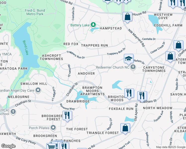 map of restaurants, bars, coffee shops, grocery stores, and more near 106 Oxpens Road in Cary