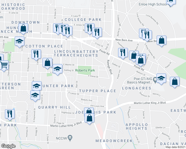 map of restaurants, bars, coffee shops, grocery stores, and more near 1501 East Davie Street in Raleigh