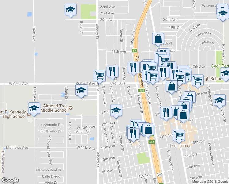 map of restaurants, bars, coffee shops, grocery stores, and more near 1518 Clinton Street in Delano