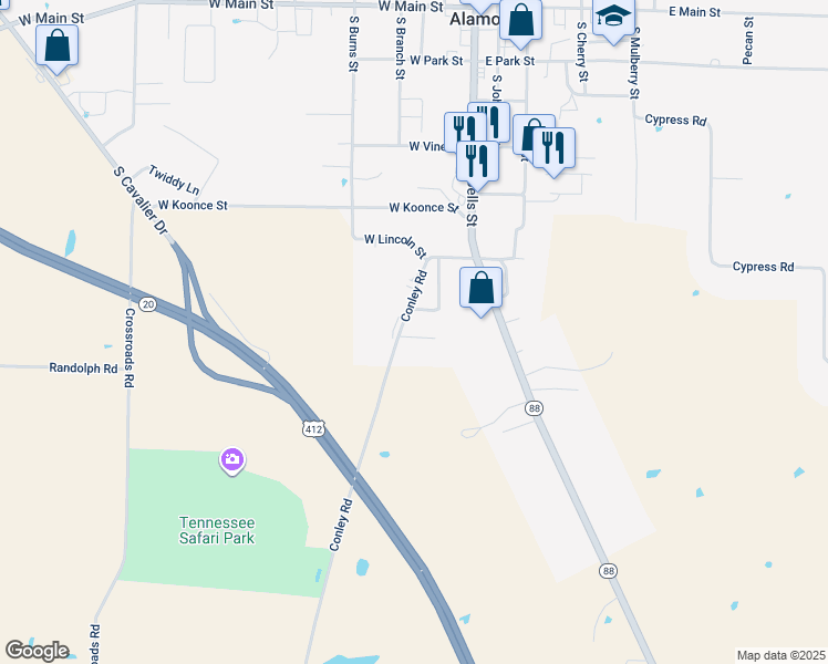map of restaurants, bars, coffee shops, grocery stores, and more near 31 Forrest Street in Alamo
