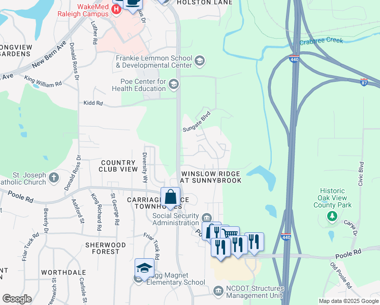 map of restaurants, bars, coffee shops, grocery stores, and more near 417 Sunnybrook Road in Raleigh