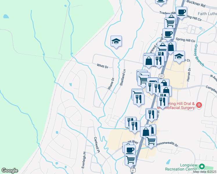 map of restaurants, bars, coffee shops, grocery stores, and more near 1731 Shane Drive in Spring Hill
