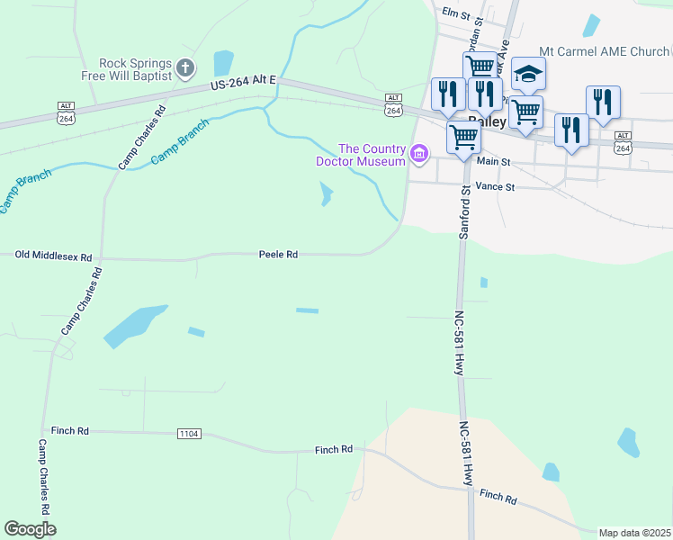 map of restaurants, bars, coffee shops, grocery stores, and more near 7421 Old Middlesex Road in Bailey