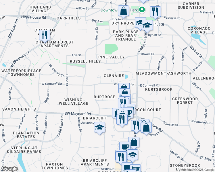 map of restaurants, bars, coffee shops, grocery stores, and more near 245 West Cornwall Road in Cary