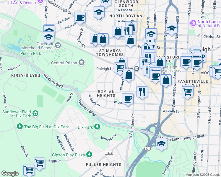 map of restaurants, bars, coffee shops, grocery stores, and more near 414 South Boylan Avenue in Raleigh