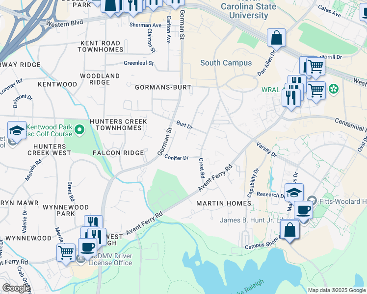 map of restaurants, bars, coffee shops, grocery stores, and more near 1676 Simpkins Street in Raleigh