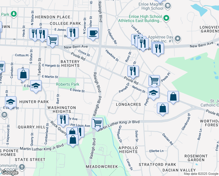 map of restaurants, bars, coffee shops, grocery stores, and more near 317 Angier Avenue in Raleigh