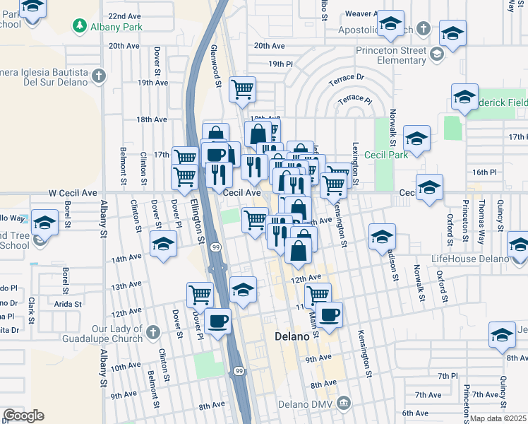 map of restaurants, bars, coffee shops, grocery stores, and more near 1435 High Street in Delano