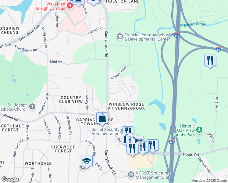 map of restaurants, bars, coffee shops, grocery stores, and more near 3301 Sungrove Ln in Raleigh