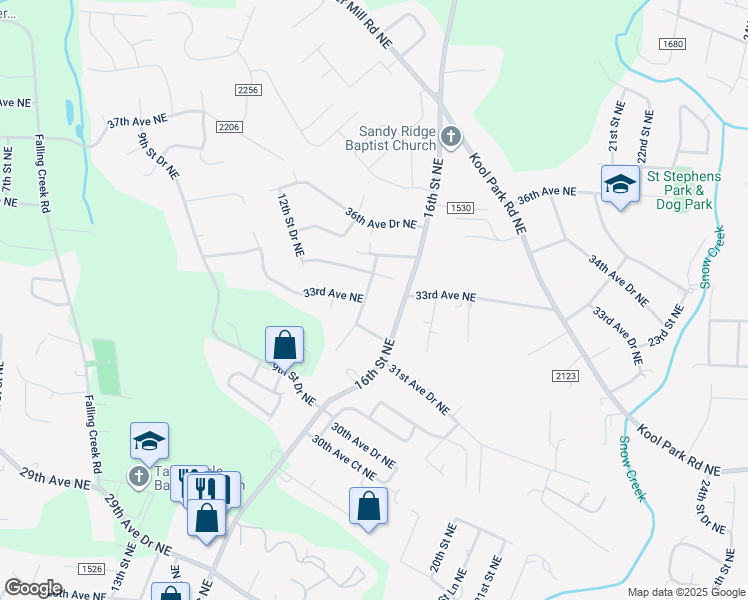 map of restaurants, bars, coffee shops, grocery stores, and more near 3310 15th Street Northeast in Hickory