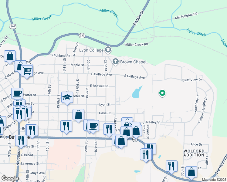 map of restaurants, bars, coffee shops, grocery stores, and more near 420 23rd Street in Batesville