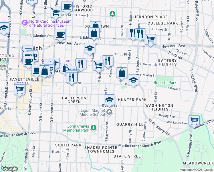 map of restaurants, bars, coffee shops, grocery stores, and more near 720 East Davie Street in Raleigh