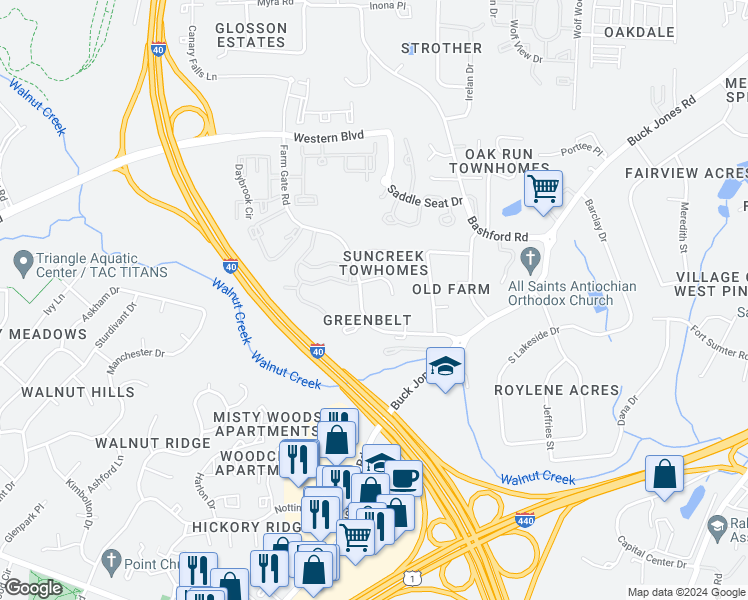map of restaurants, bars, coffee shops, grocery stores, and more near 6008 Farm Gate Road in Raleigh