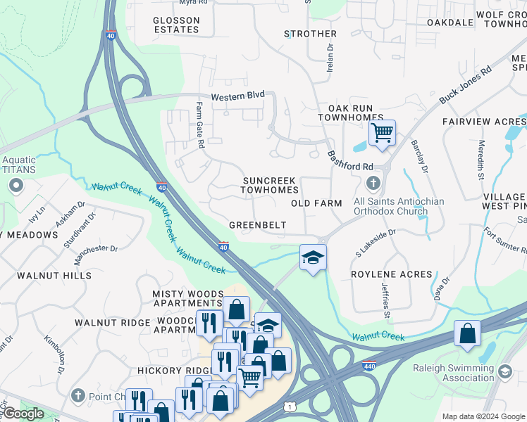 map of restaurants, bars, coffee shops, grocery stores, and more near 6008 Farm Gate Road in Raleigh