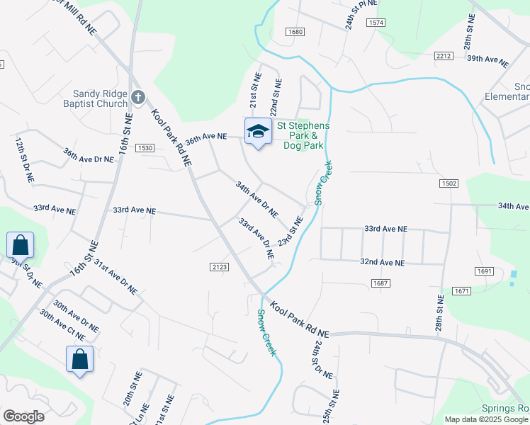 map of restaurants, bars, coffee shops, grocery stores, and more near 2216 34th Avenue Drive Northeast in Hickory