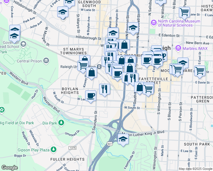 map of restaurants, bars, coffee shops, grocery stores, and more near 400 South West Street in Raleigh