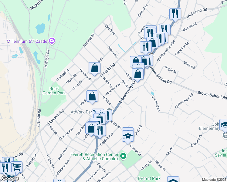 map of restaurants, bars, coffee shops, grocery stores, and more near 121 North 6th Street in Maryville