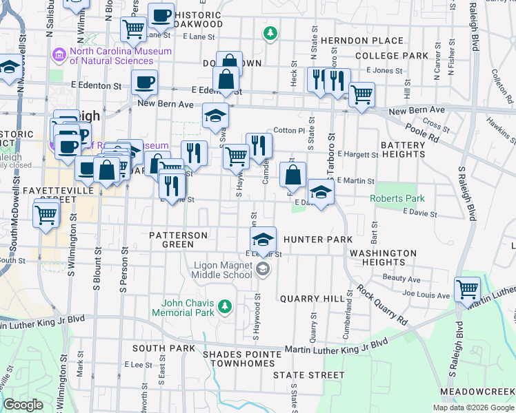 map of restaurants, bars, coffee shops, grocery stores, and more near 720 East Davie Street in Raleigh