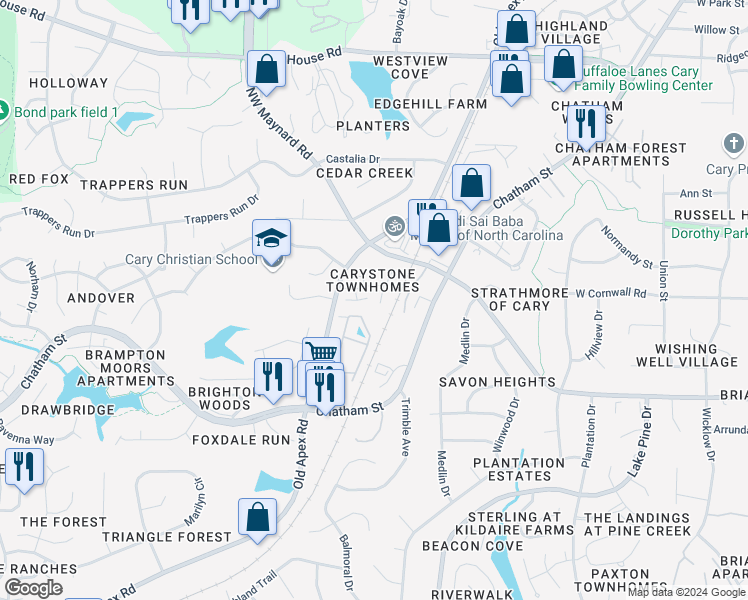 map of restaurants, bars, coffee shops, grocery stores, and more near 200 Kristin Court in Cary