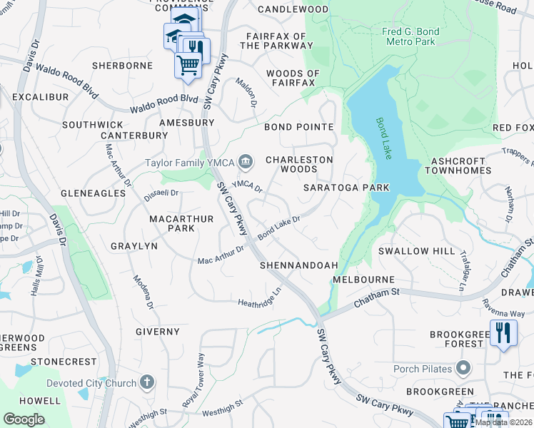 map of restaurants, bars, coffee shops, grocery stores, and more near 103 Sable Court in Cary