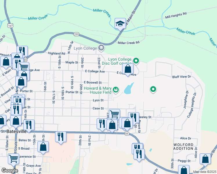 map of restaurants, bars, coffee shops, grocery stores, and more near 420 23rd Street in Batesville