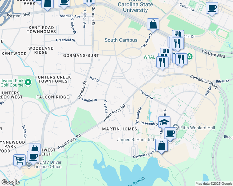 map of restaurants, bars, coffee shops, grocery stores, and more near 2510 Avent Ferry Road in Raleigh