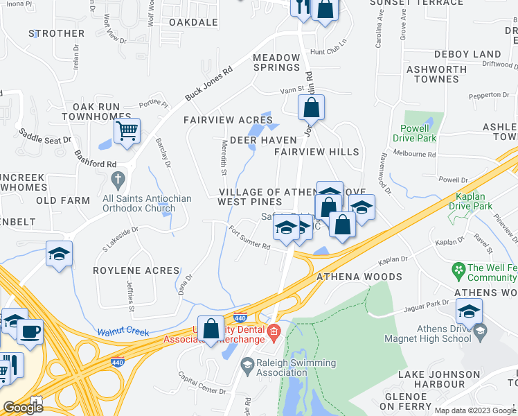 map of restaurants, bars, coffee shops, grocery stores, and more near 5215 Westpine Court in Raleigh