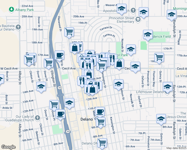 map of restaurants, bars, coffee shops, grocery stores, and more near 1415 Jefferson Street in Delano