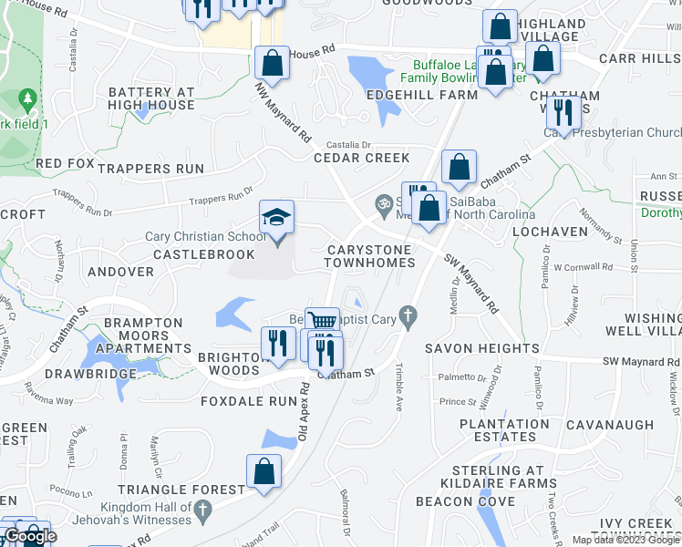map of restaurants, bars, coffee shops, grocery stores, and more near 115 Virginia Place in Cary