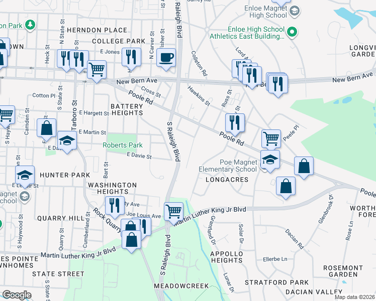 map of restaurants, bars, coffee shops, grocery stores, and more near 317 Angier Avenue in Raleigh