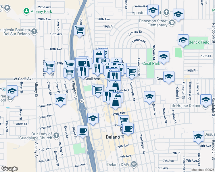 map of restaurants, bars, coffee shops, grocery stores, and more near 1435 High Street in Delano