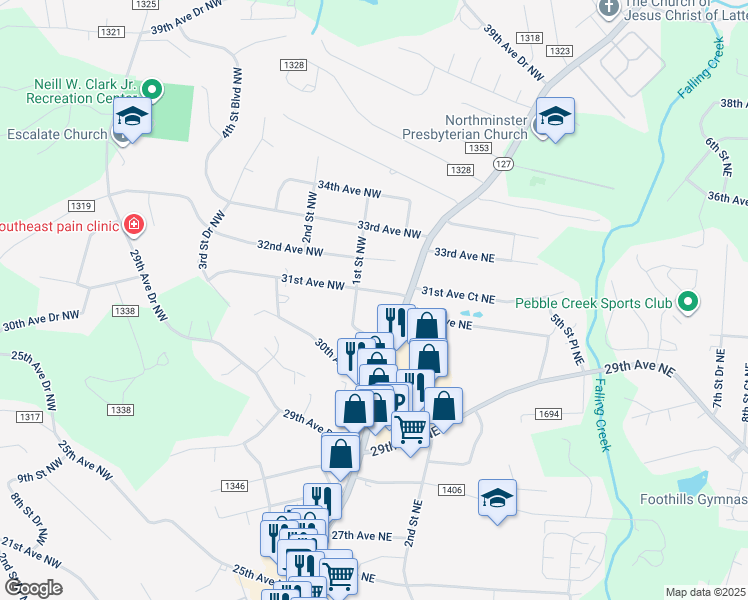 map of restaurants, bars, coffee shops, grocery stores, and more near 45 31st Avenue Northwest in Hickory