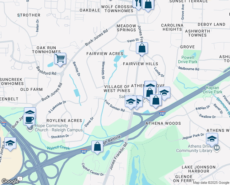map of restaurants, bars, coffee shops, grocery stores, and more near 5223 Westpine Court in Raleigh