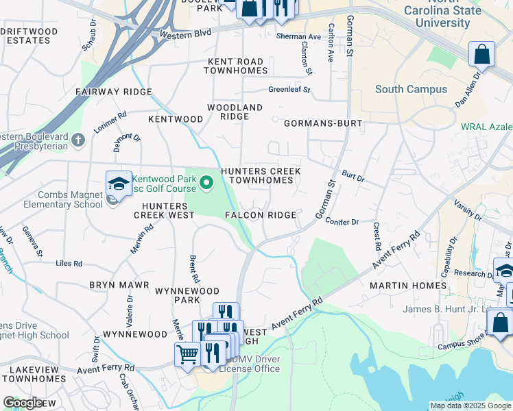 map of restaurants, bars, coffee shops, grocery stores, and more near 2047 Trexler Court in Raleigh