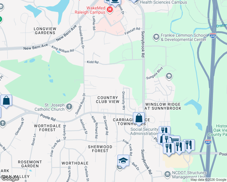 map of restaurants, bars, coffee shops, grocery stores, and more near 600 Rawls Drive in Raleigh