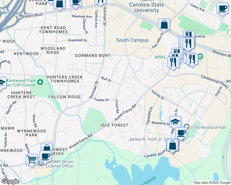 map of restaurants, bars, coffee shops, grocery stores, and more near 1626 Crest Road in Raleigh