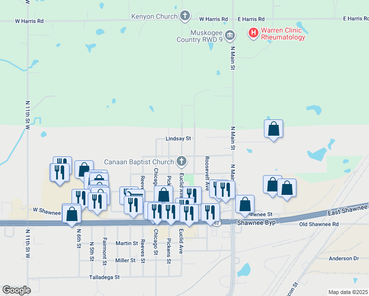 map of restaurants, bars, coffee shops, grocery stores, and more near 2408 Euclid Avenue in Muskogee