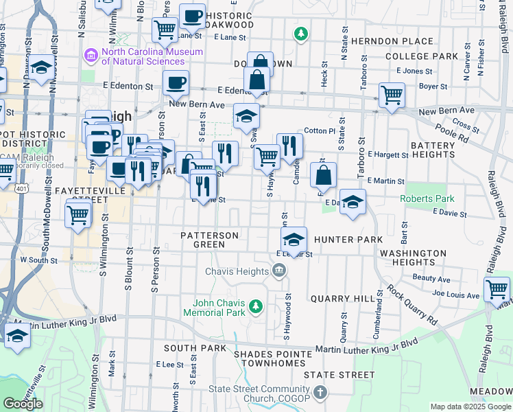 map of restaurants, bars, coffee shops, grocery stores, and more near 604 East Davie Street in Raleigh