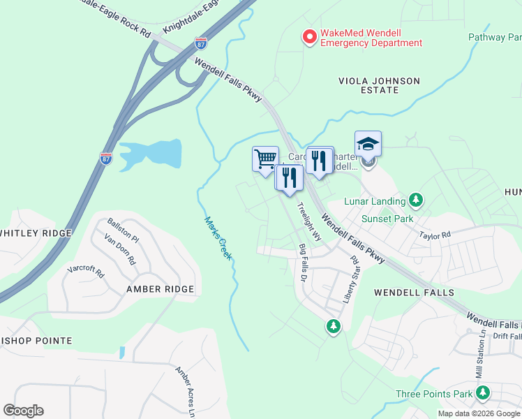 map of restaurants, bars, coffee shops, grocery stores, and more near 5808 Taylor Road in Wendell
